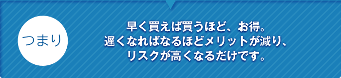 つまり、早く買えば買うほど、お得。遅くなればなるほどメリットが減り、リスクが高くなるだけです。